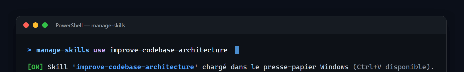 Commande manage-skills use chargeant un skill dans le presse-papier